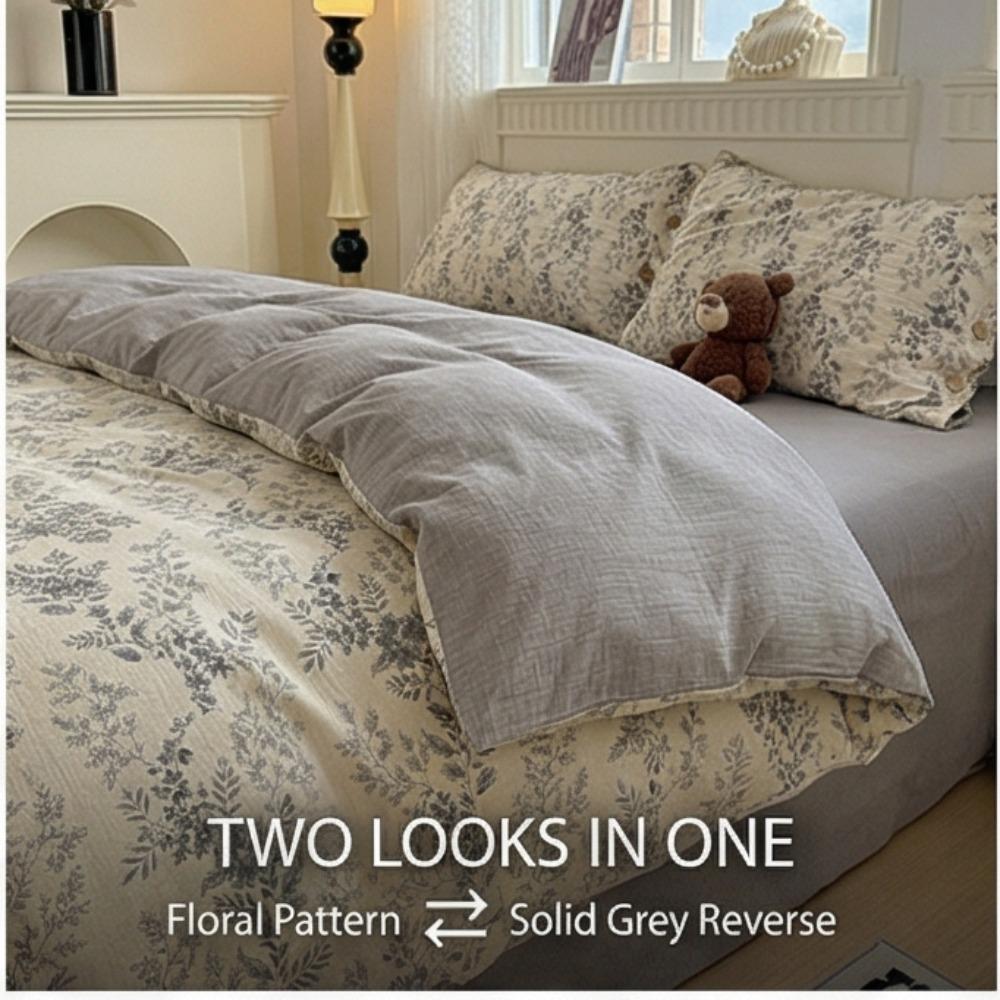 Pure Cotton Four-piece Set - Retro Floral Buttoned Bed Sheets and Pillowcases Set