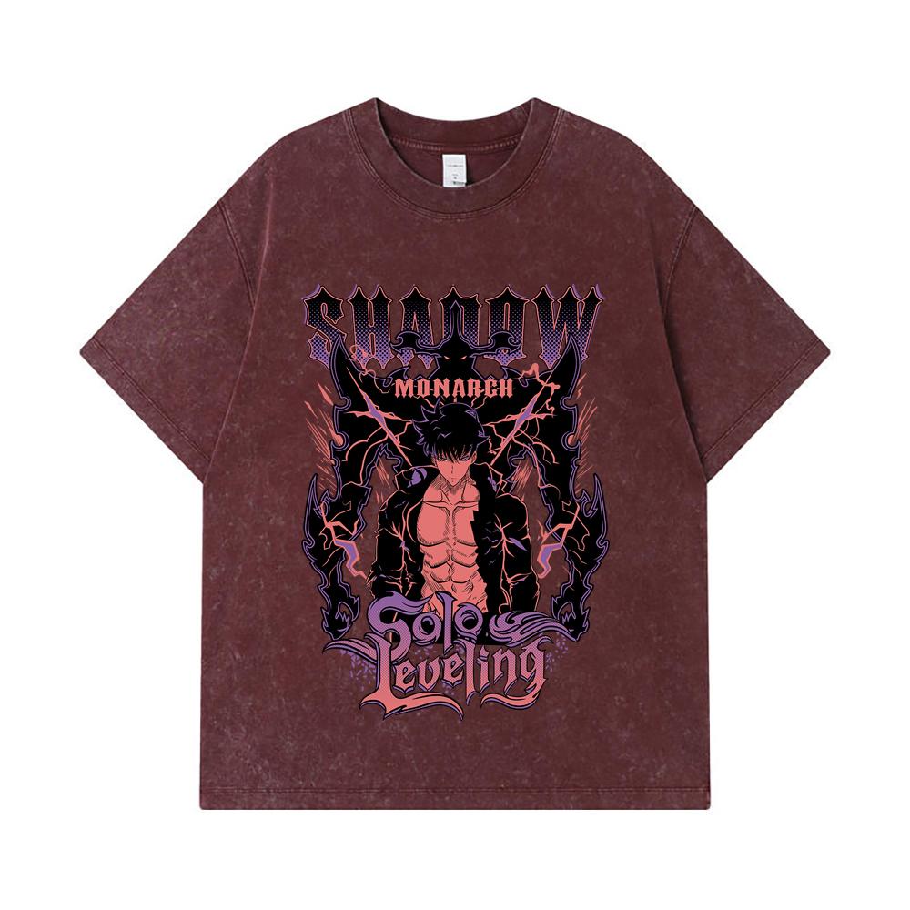 275 GSM Washed T-shirts 100% Cotton Solo Leveling V3 Shadow Monarch Print Unisex Heavy Cotton T Shirt