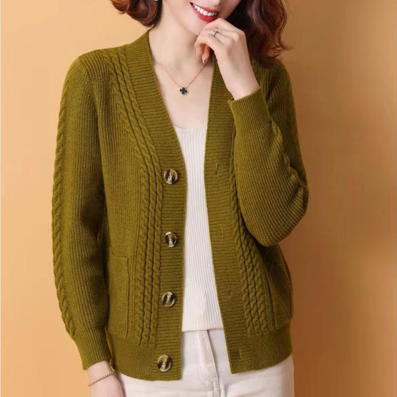 Damen Pullover Jacke Oberteil Locker Herbst und Winter V-Ausschnitt Einreihig Gestrickte Strickjacke