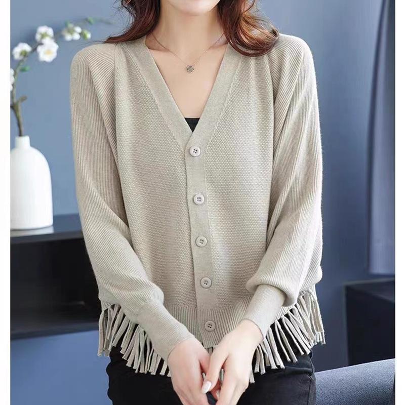 Tassel Knitted Cardigan Coat for Women Autumn/Winter Loose V-neck Sweater for Women