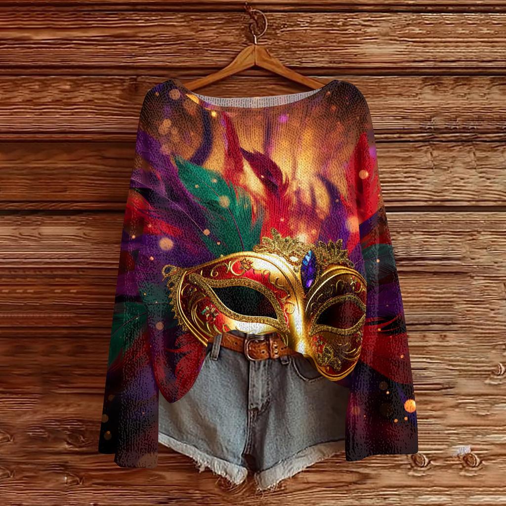 Women's Fashion Round Neck Long Sleeve Print Casual Pullover Sweater Top