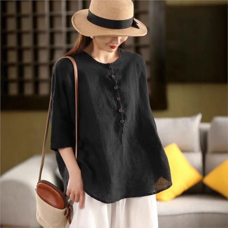 Johnature Women Vintage Solid Color T-Shirts O-Neck Half Sleeve Button Loose Summer Casual T-Shirts