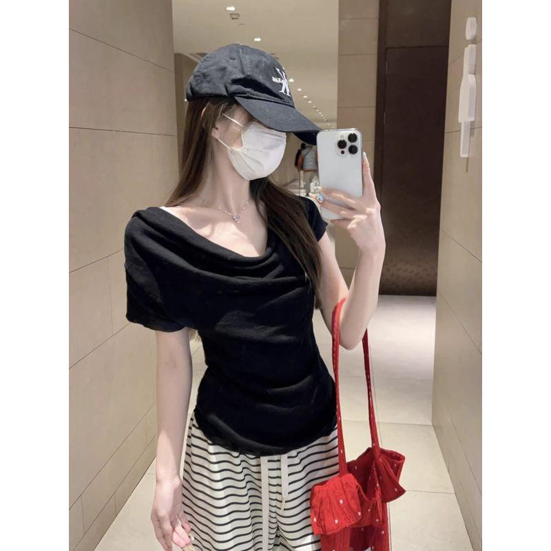 Kumikumi Gentle Wind Solid Swing Collar Knitted Short sleeve T-shirt Women Summer French style Age-Reducing Waist Hugging Slimming Top