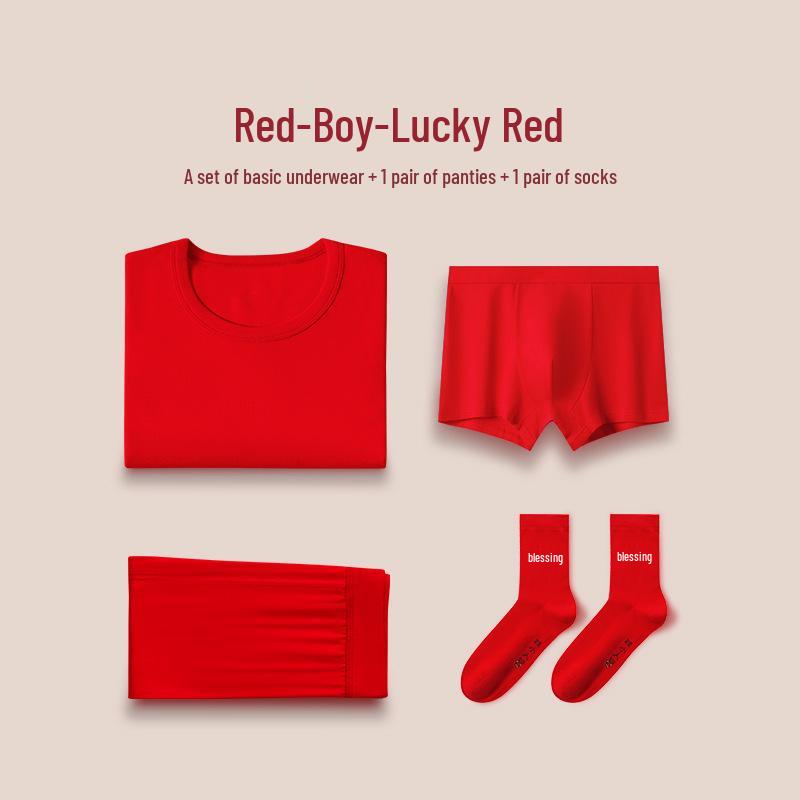 Children's Zodiac Year Red Cotton Wool Underwear Set - Warm Base Layer Shirt and Pants for Boys and Girls In Autumn