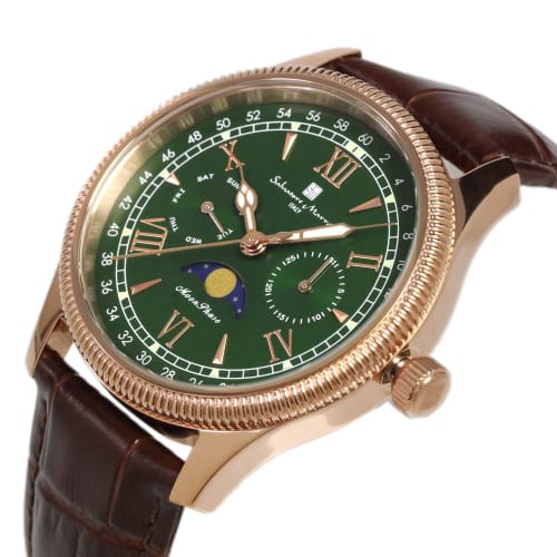 Salvatore Marra Men's Limited Edition Pink Gold and Green Watch, Moon Phase, Multi-Calendar, 5 ATM Water Resistance, Leather Strap, Business/Formal We