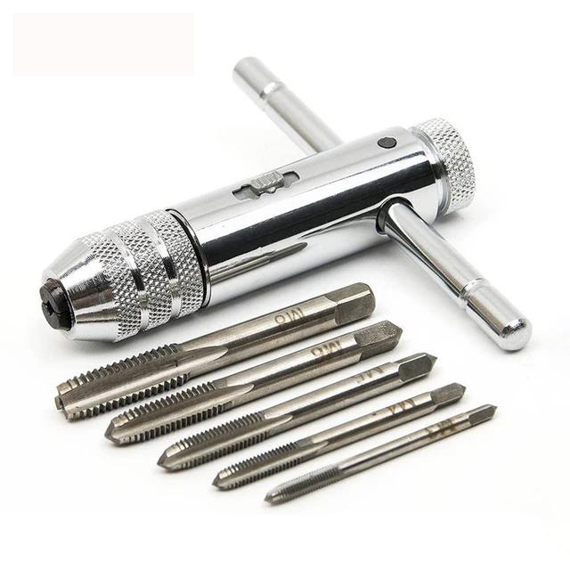T-Handle Ratchet Tap Holder Wrench Set Hand Tools with 5pc M3-M8 Machine Screw Thread Metric Plug T-shaped Tap Car Repair Tool