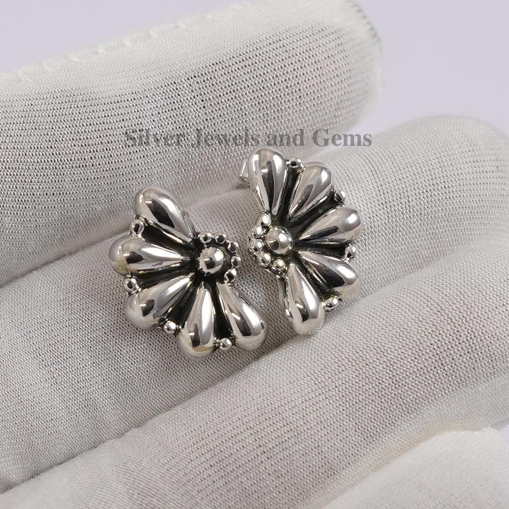 Handmade Puffy Sterling Silver Flower Stud Earrings