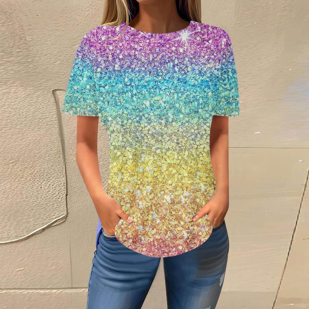 Summer Round Neck 3D Gradient Glitter Print Top Fashionable Casual Short Sleeved Women's T-shirts