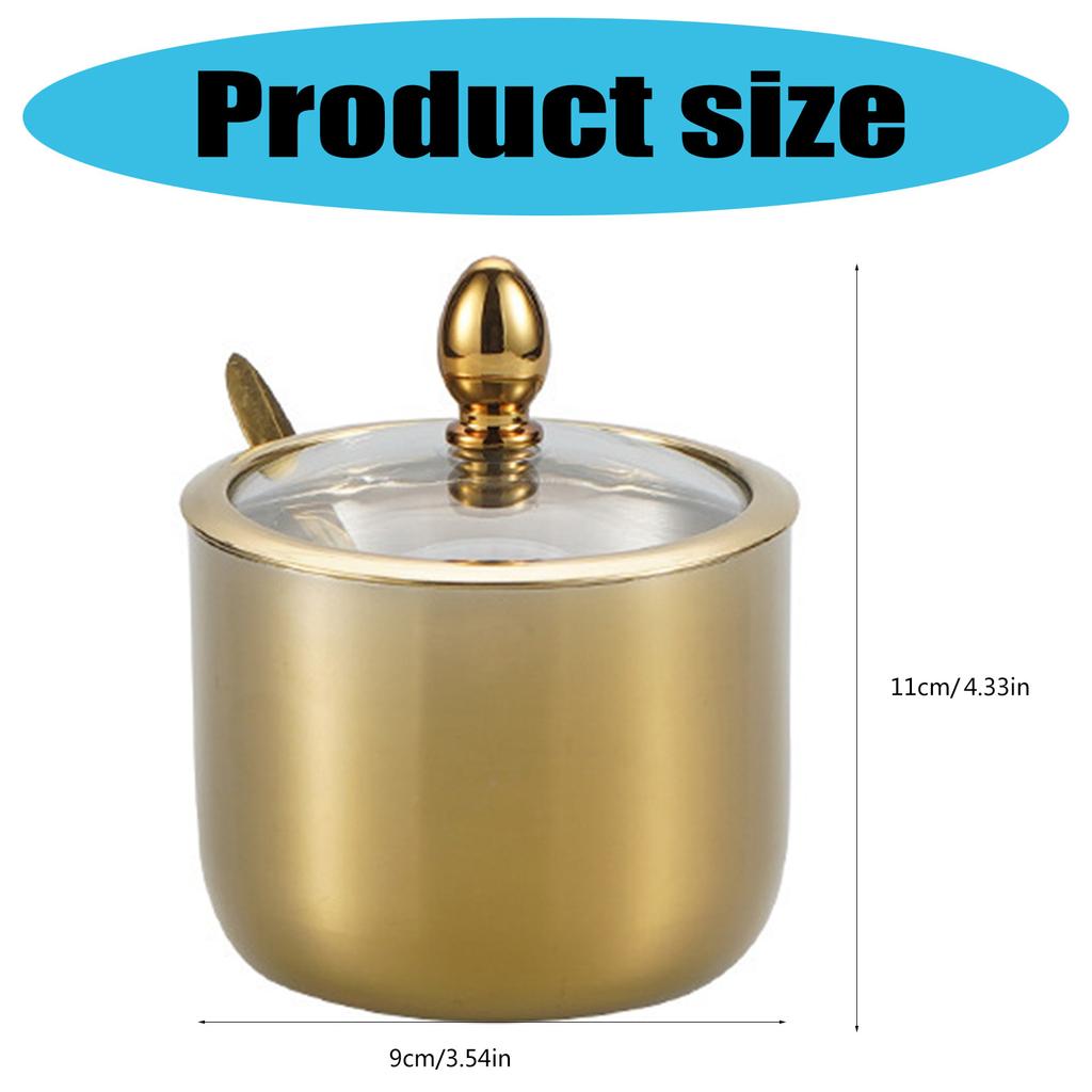 Stainless Steel Sugar Containers Gold/Silver 304 Stainless Steel Sugar Bowl Clear Lid Spoon Kitchen Condiment Pot