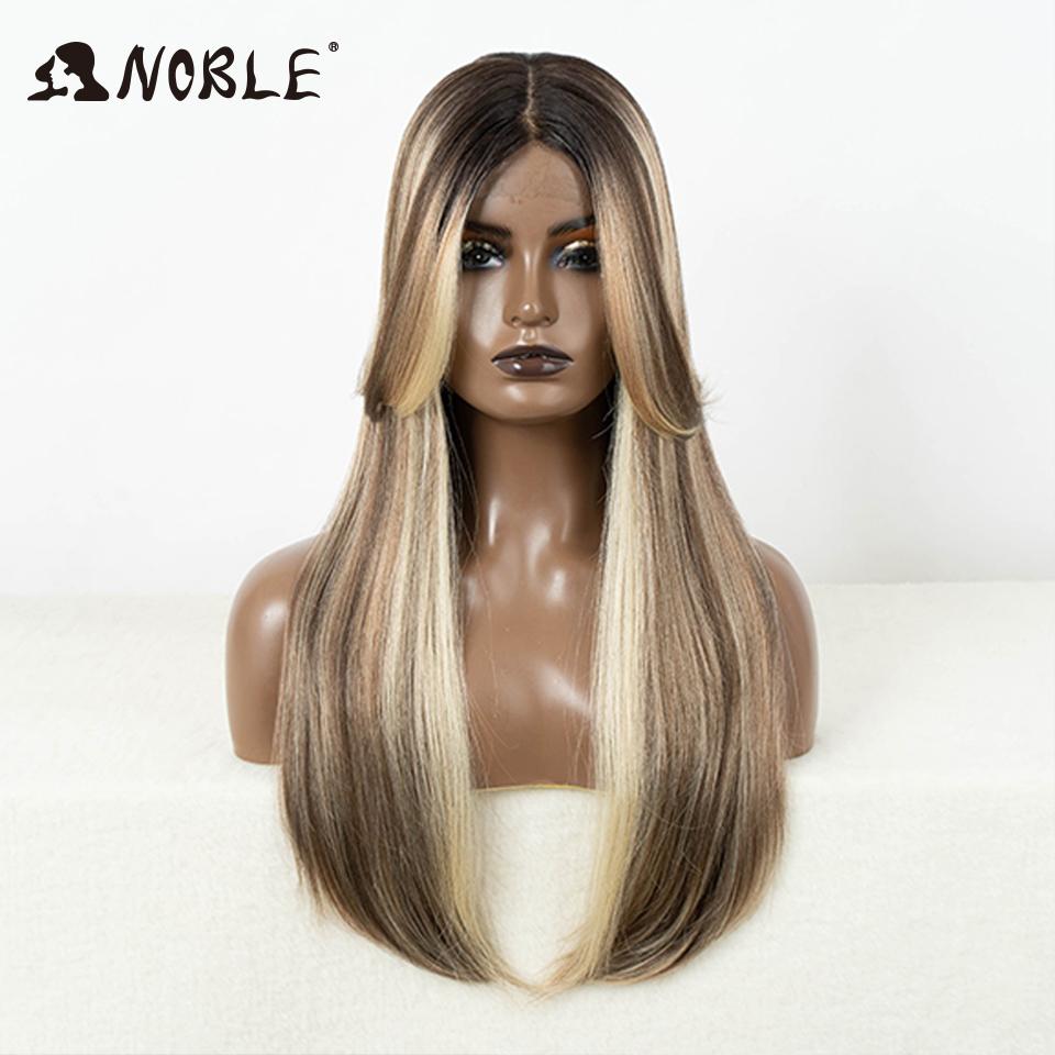 

Noble Honey Blonde Synthetic Lace Front Wigs For Women Ombre Brown 24 inches Straight Lace Wig Highlight Glueless Cosplay Wig (as the picture,130%&24inches&Lace Topline)