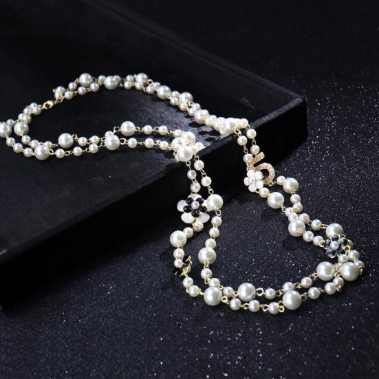 Damen-Halskette, doppellagig, Kunstperle, Blume, Zahl 5, Anhänger, lange Halskette, Schmuck, Geschenk