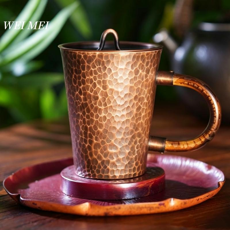 With lid Vintage Pure Copper Coffee Mug,Home 300 ml Handle Breakfast Cup,Handcrafted Engraving Hammer Texture Tea Cup Drinkware