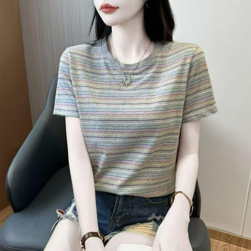 Striped T-shirt Women's Summer Plus Size Women's Summer Clothes Western Style Small Shirt Casual Loose T-shirt Short-sleeved Top