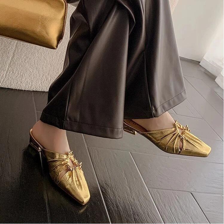 Baotou Cool Slippers Spring And Summer Triangular Buckle Hollow Thick Heel Wrinkled M Ü Ller Shoes For Women