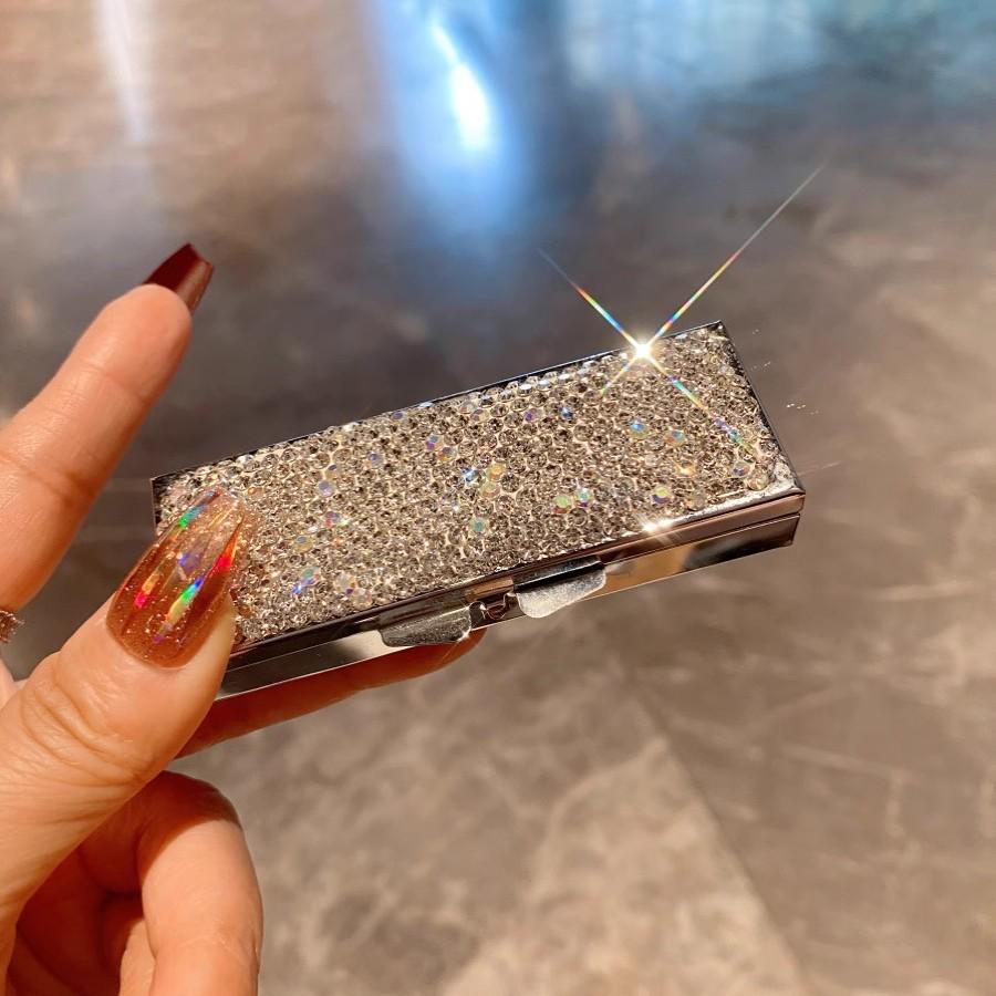 Portable Metal Pill Box with Inlaid Diamonds - Stylish and Popular Design