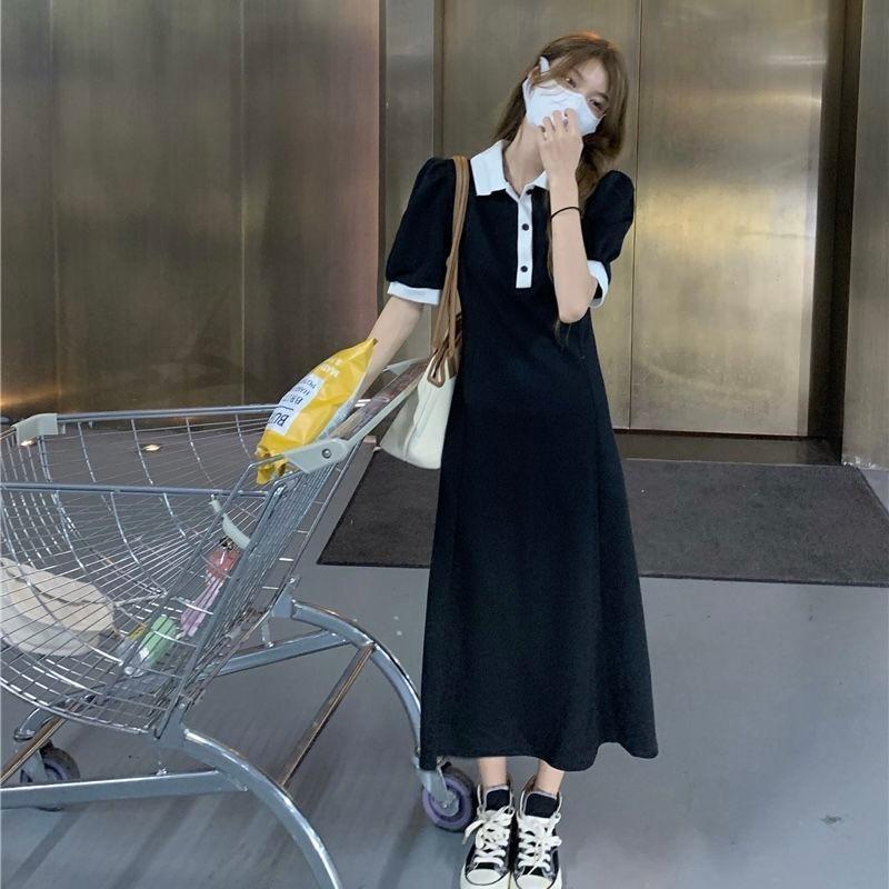 POLO Neck Bubble Sleeve Dress Women's Summer Waist Thin Korean Casual Sports Style Long Dress Gray A-shaped Skirt