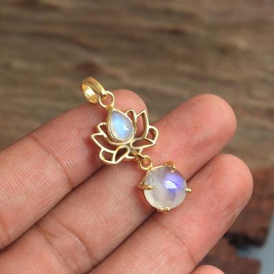 Natural Moonstone Silver Charm Lotus Pendant 925 Sterling Silver Yellow Gold Plated Jewelry