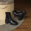 Autumn and Winter Round Head Solid Color Large Size Leather Boots Rear Zipper Middle Heel Round Head Comfortable Square Heel Thick Bottom Non-slip M