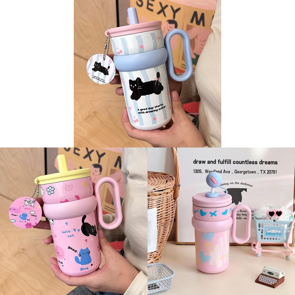 Cartoon Style Insulation Cup For Girls With Large Capacity And Builtin Straw For Home Use