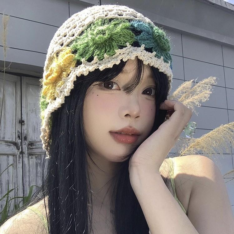 Spring and Summer Literary Colorful Flowers Hollowed Out Hat for Women Japanese Sweet and Cute Fashion Handmade Wool Knit Hat