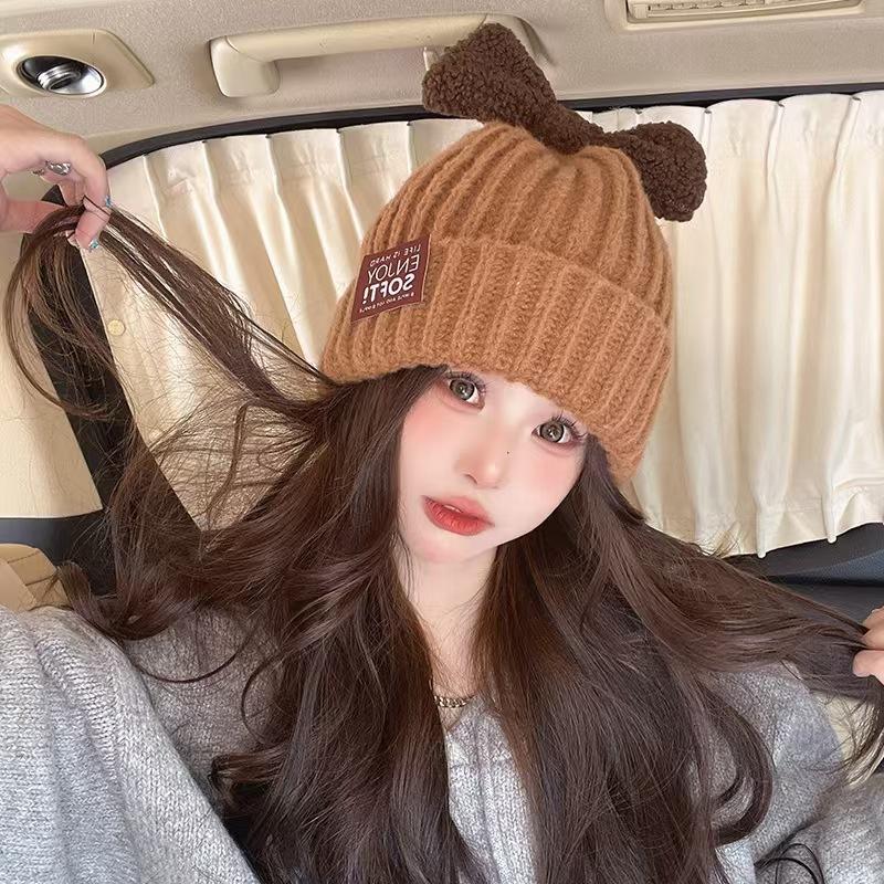Autumn and Winter Candy colored Bow Woolen Hat for Women Korean Version  Versatile Face Showing Small Warm Knitted Hat for Students  Sweet Cold Hat