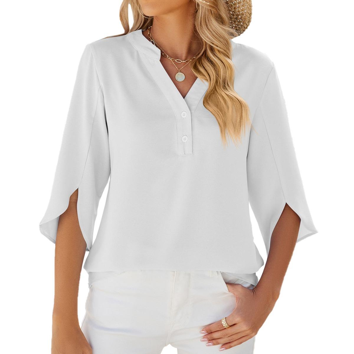Summer New Solid Color V-Neck Mid-Sleeve Chiffon Blouse Women s Casual Top S белый