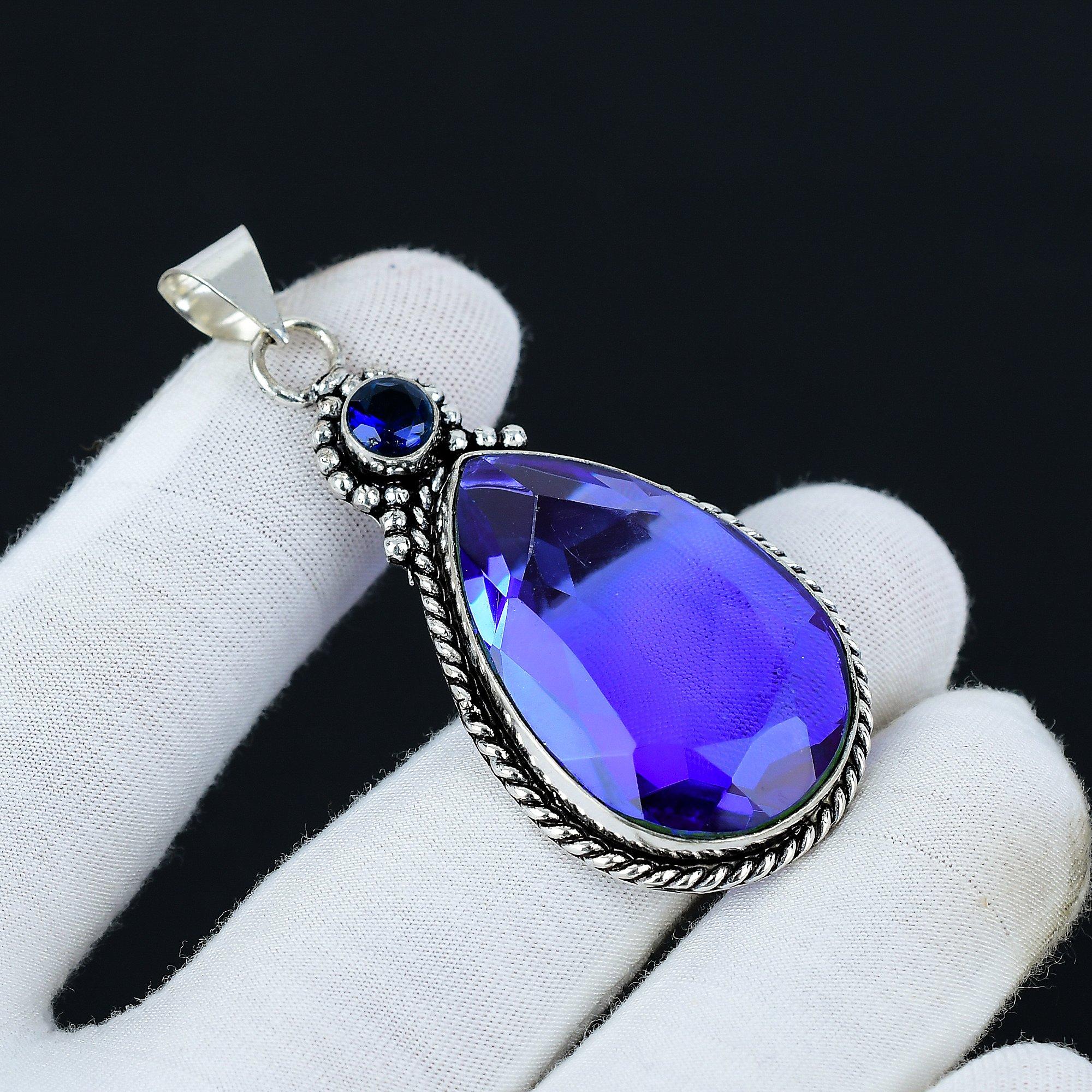 

Лондонский голубой топаз, драгоценный камень, подвеска из стерлингового серебра 925 пробы ручной работы, подвеска с двойным камнем, ювелирные изделия для подарка, ювелирные изделия для лучшего друга