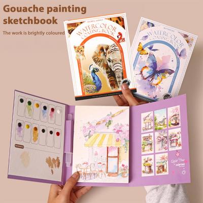 Libro de Pintura Gouache Portátil Diseño Tríptico Set de Bloc de Acuarela con 12 Cuadrículas de Color Pincel Ergonómico Kit de Arte para Alivio del Estrés