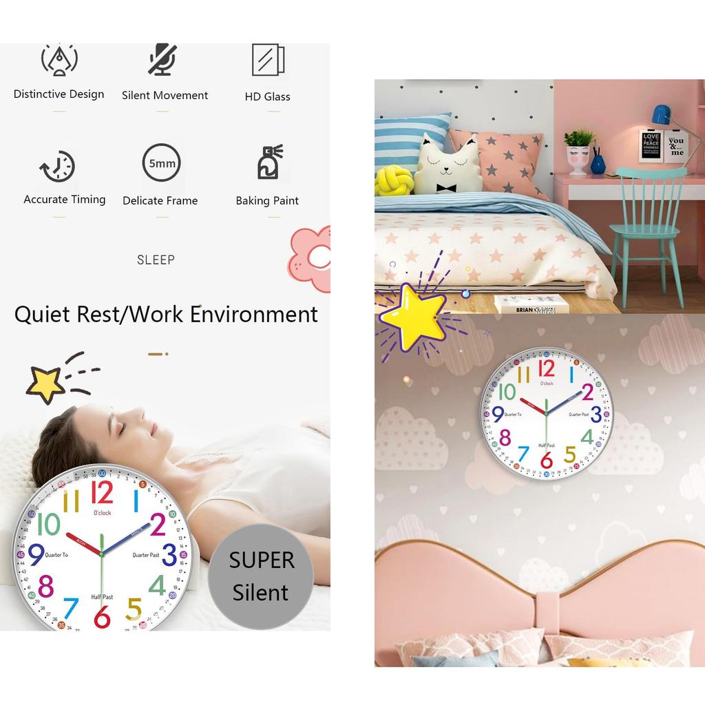 Educational Silent Wall Clock, Colorful Numbers, HD Glass, 25cm, Silent Design, Suitable for Bedrooms and Offices, with Accurate Timekeeping Function