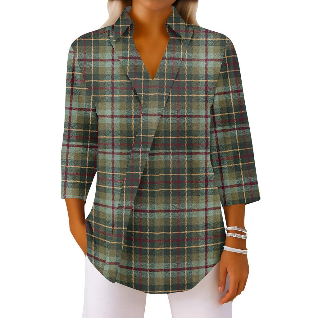 3/4-Ärmel Damenoberteile V-Ausschnitt Shirts Trendy Bedruckte Business Casual Arbeitsblusen