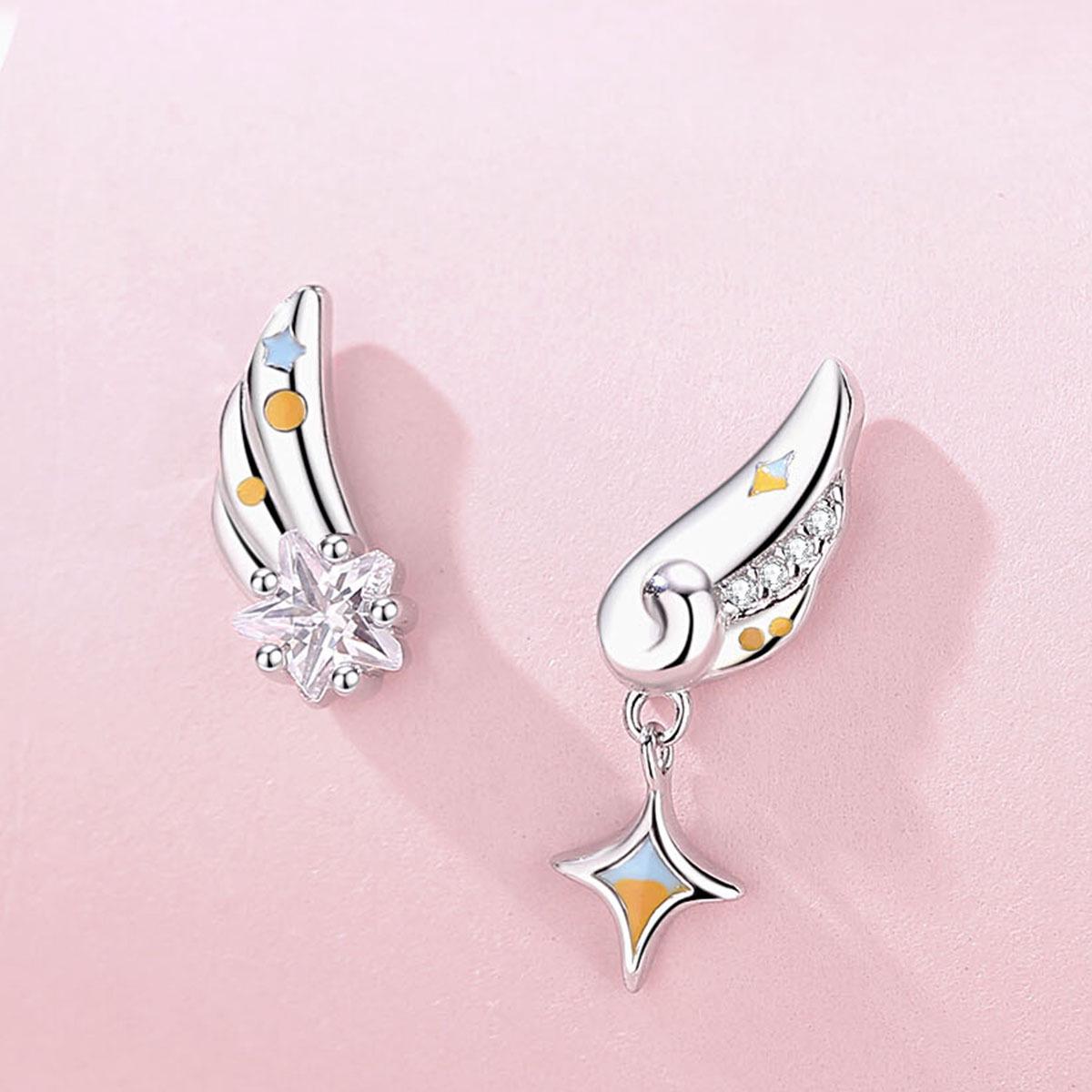 Tichya Angel Wing Asymmetrical Stud Earrings for Women, S925 Sterling Silver, Versatile Niche Design S925 Silver