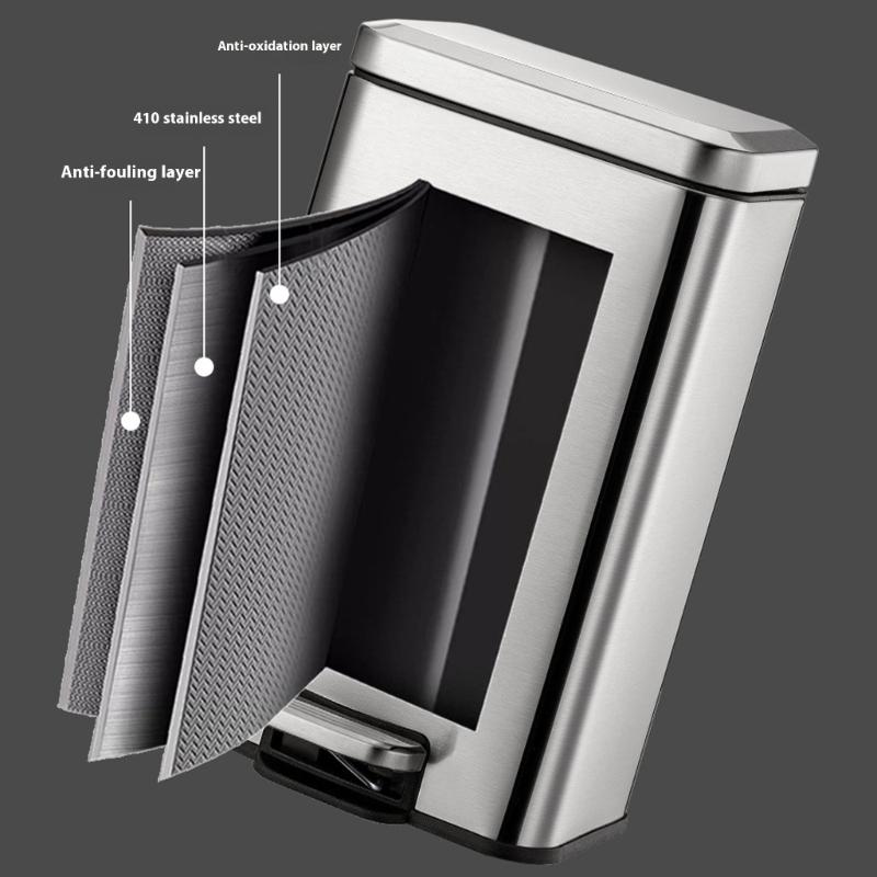 Stainless Steel Trash Can Quiet Closing Lid Rustproof Large Capacity For Kitchen Bathroom Office Home Use NonSlip Base