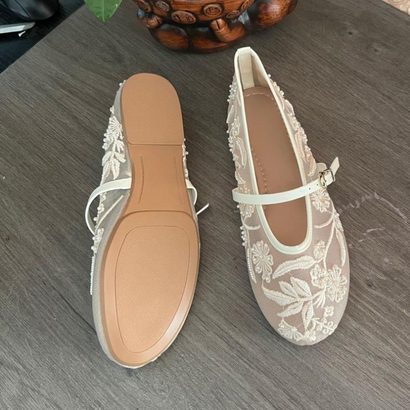 Women's Ballet Flats Ballerina Shoes Summer Mary Jane Comfortable Embroidered Mesh Buckle Strap Elegant