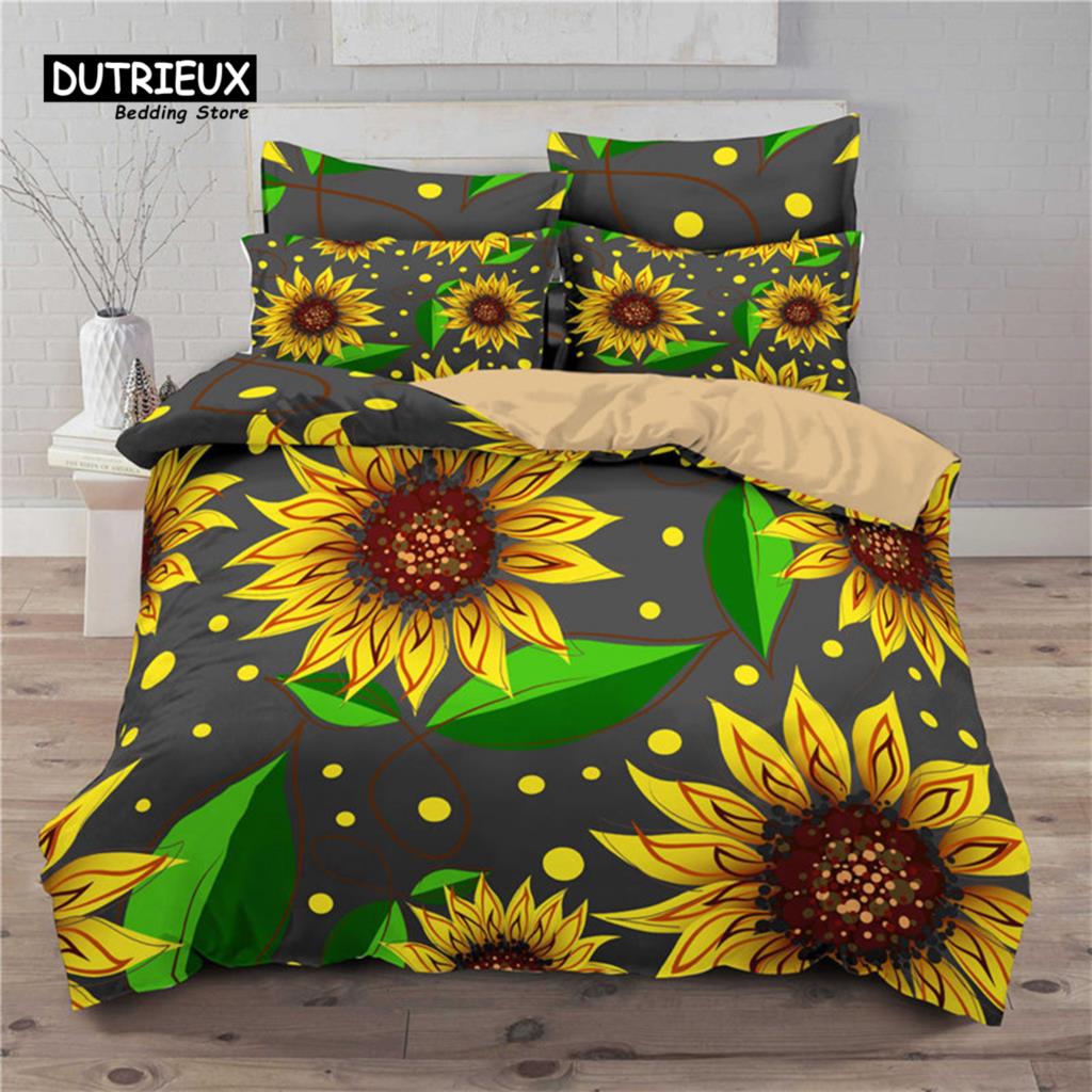 Sunflower Bedding Set Modern Microfiber Yellow Flowers Print Duvet Cover Alluring Sunflowers Summer Inspired Design Quilt Cover