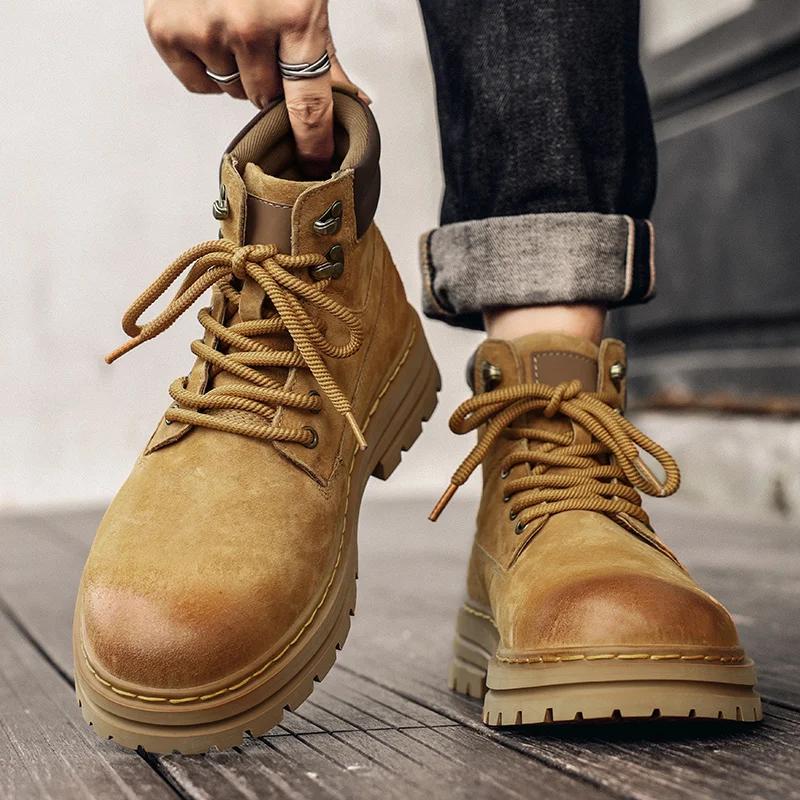 Male Shoes Genuine Leather Walking Boots Lace Up High Quality Outdoor Motocross Boots Men Thick Sole Men's Casual Shoes