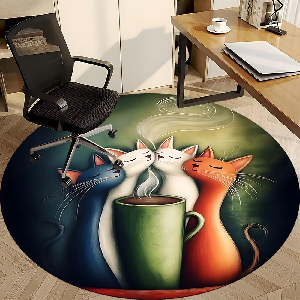1pc Cats Coffee Office Round Area Rug, Indoor Mat Suitable ForOffice, Under Office Chairs Bedroom Living Room Home Decor, Room Deco  D042