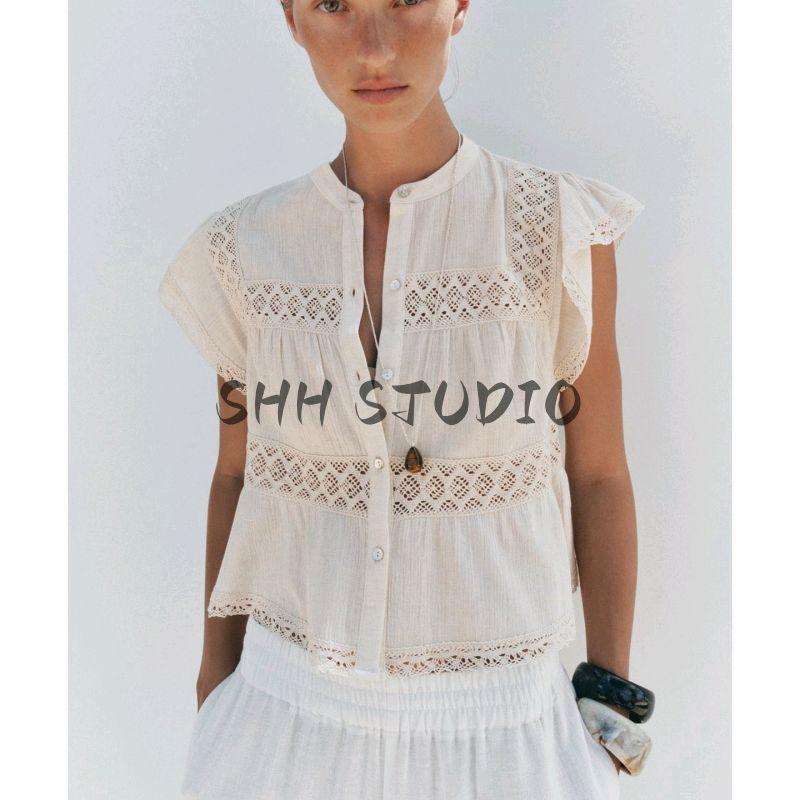 Summer Women's Clothing Single Row Multi-Buckle Round Neck Super Short Sleeve Straight Lace Crocheted Vacation Style Tops 3666107