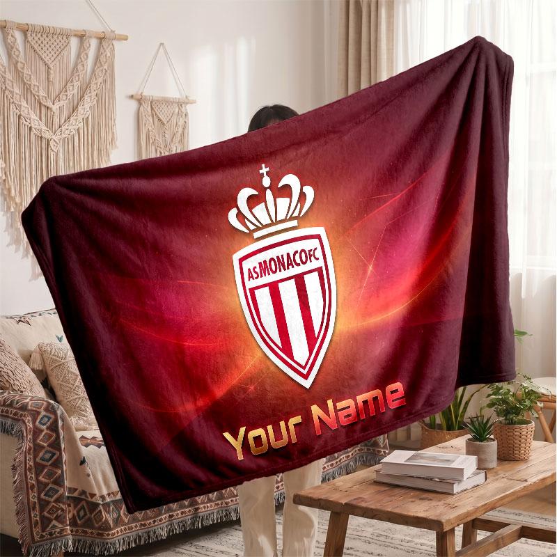 Monaco FC Personalized Fleece Blanket With Football Logo, Custom Name Text Soft Warm Home Throw Blanket