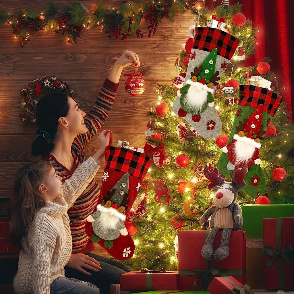 Christmas Socks Youngsters's Large Christmas Socks with Santa Claus, Reindeer, Dwarf, Buffalo Plaid Long Socks Suitable for Christmas Party Decoration