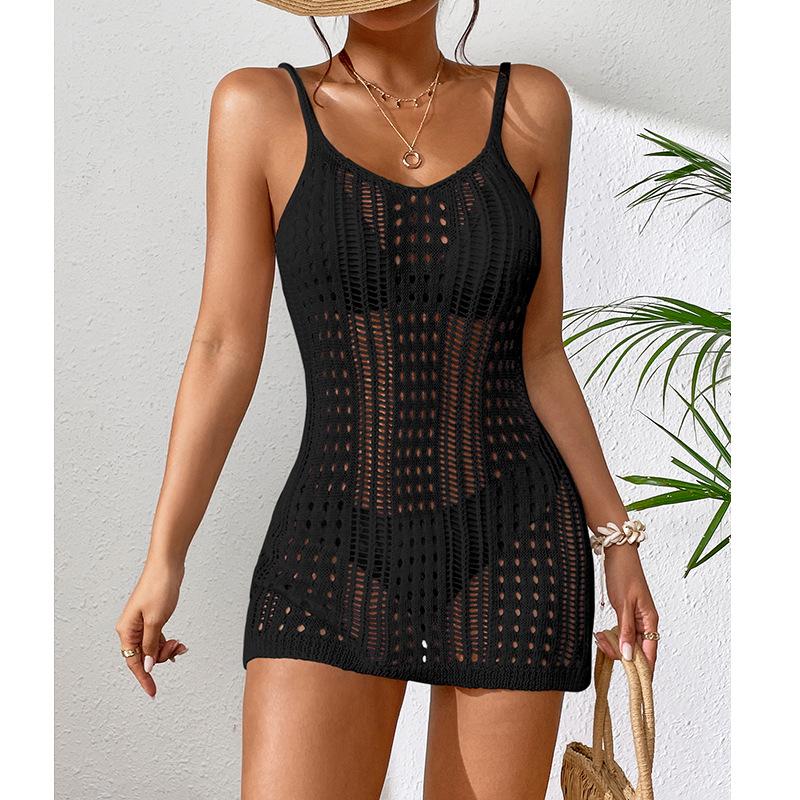 European and American Women's See-Through Spaghetti Strap Knit Beach Dress
