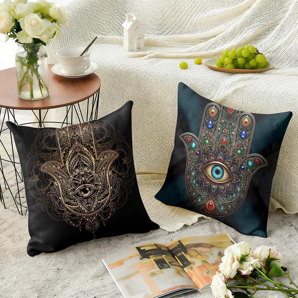 Classic Hamsa Cushion Cover Natural Linen Organic Fabric Double-Sided Printing Sofa Home Decor Gift Pillow Case