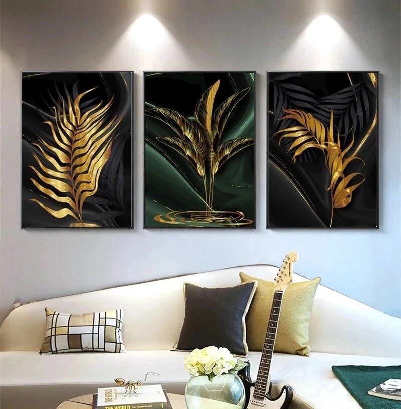 Black Gold Leaves Art Canvas Paintings Modern Plants Flowers Posters and Prints Wall Pictures for Living Room Wall Decor Cuadros