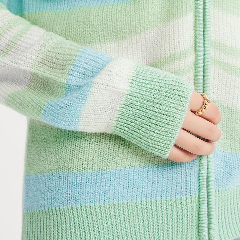 FAPAI Women's 100% Wool Striped Zip-Up Hoodie Cardigan