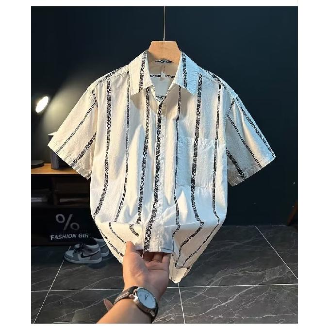 Spring Summer Men's Striped Top Cool Breathable Business Commuter Turn-down Collar Short Sleeve Shirt