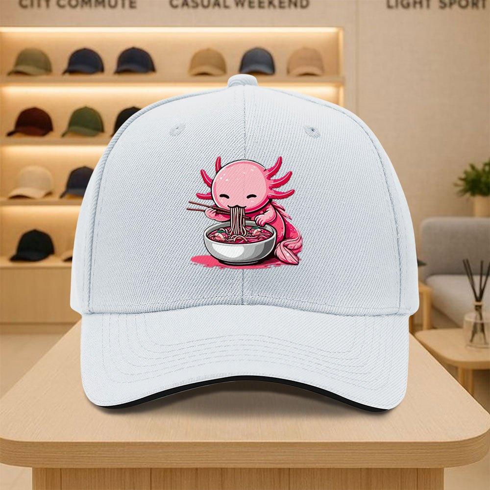 Cute Axolotl Eating Ramen Noodle Baseball Cap Funny Pink Amphibian Graphic Adjustable Polyester Hat Casual Outdoor