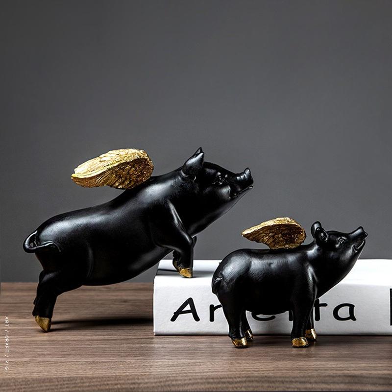Creative Cute Black Flying Pig Statue Animal Resin Sculpture Home Decoration Wine Rack Bookshelf Desktop Ornament Pig Figurine