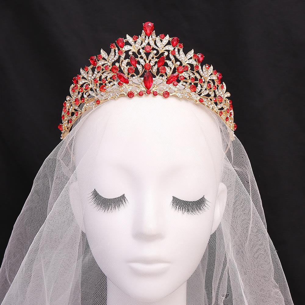 Beauty Pageant Baroque Bridal Crown Red Crystal Alloy Electroplated Wedding Headband Hair Accessories