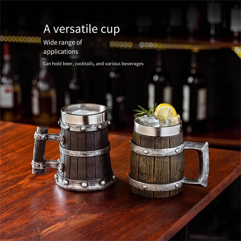Large Capacity Beer Mugs For Outdoors Use With Retro Woodgrain Finish Nonrust Steel Insulated Cup Thermal Resin Construction