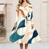 Women Plus Size V Neck Long Sleeve Abstract Printed Belted A Line Flared Midi Dress
