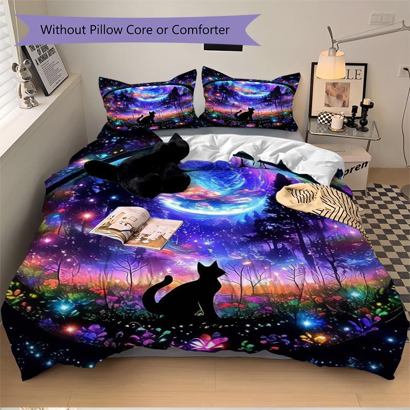 3pcs Colorful Fantasy Cat Bedding Set - Includes One Quilt Cover and Two Pillowcases (No Core) - Home Decor, Festival Gift, Polyester Fabric